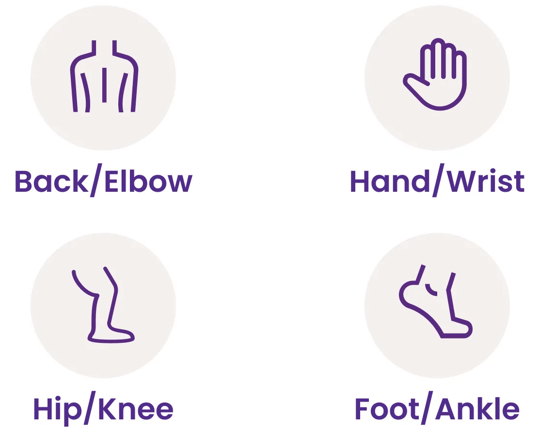 Back, Elbow, Hand, Wrist, Hip, Knee, Foot, Ankle